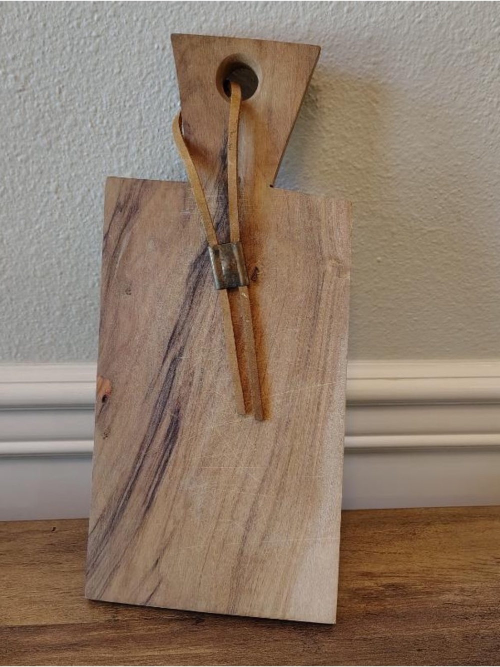 Handmade Wood Cutting Board Trapezoid Unique Handle Leather Strap Farmhouse 12”